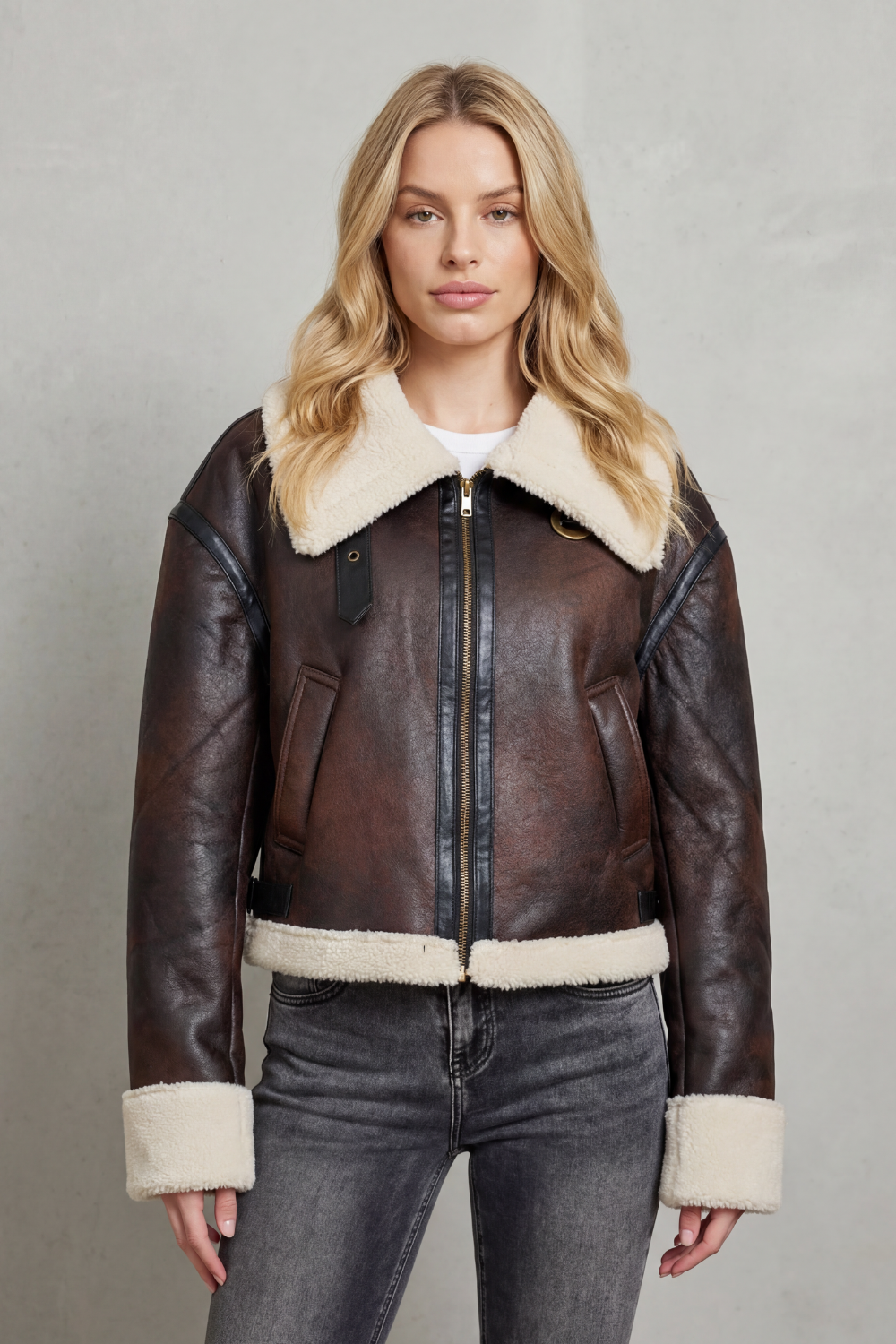 Faux Leather Zip Cropped Aviator Jacket