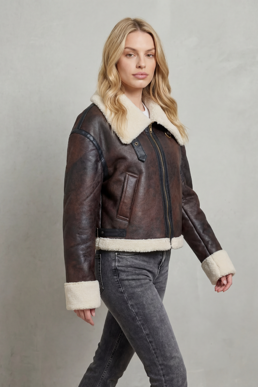 Faux Leather Zip Cropped Aviator Jacket