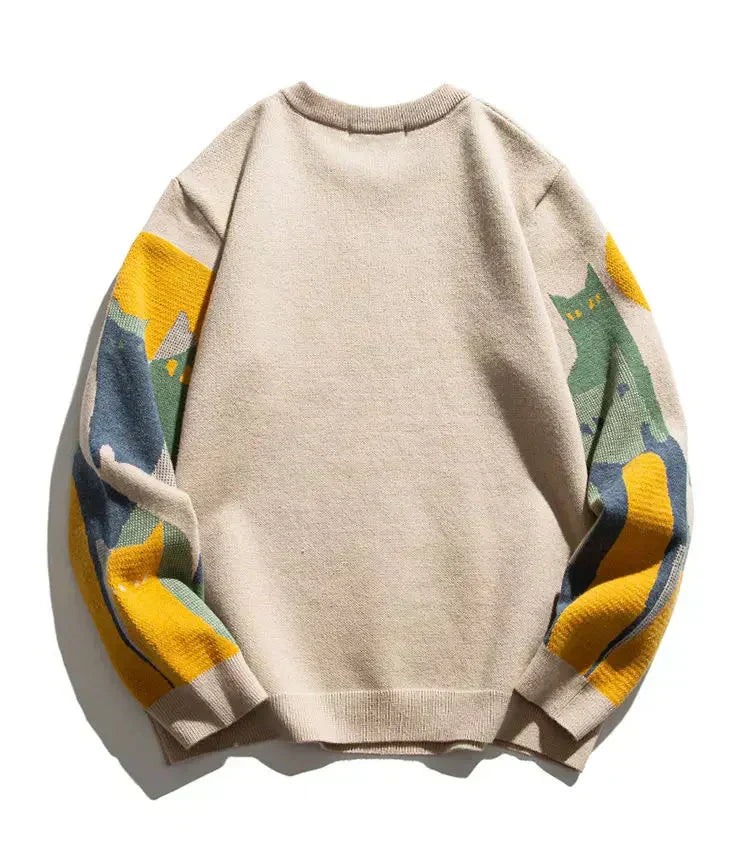 Cat Print Jumper Novelty Knit Round Neck Long Sleeve