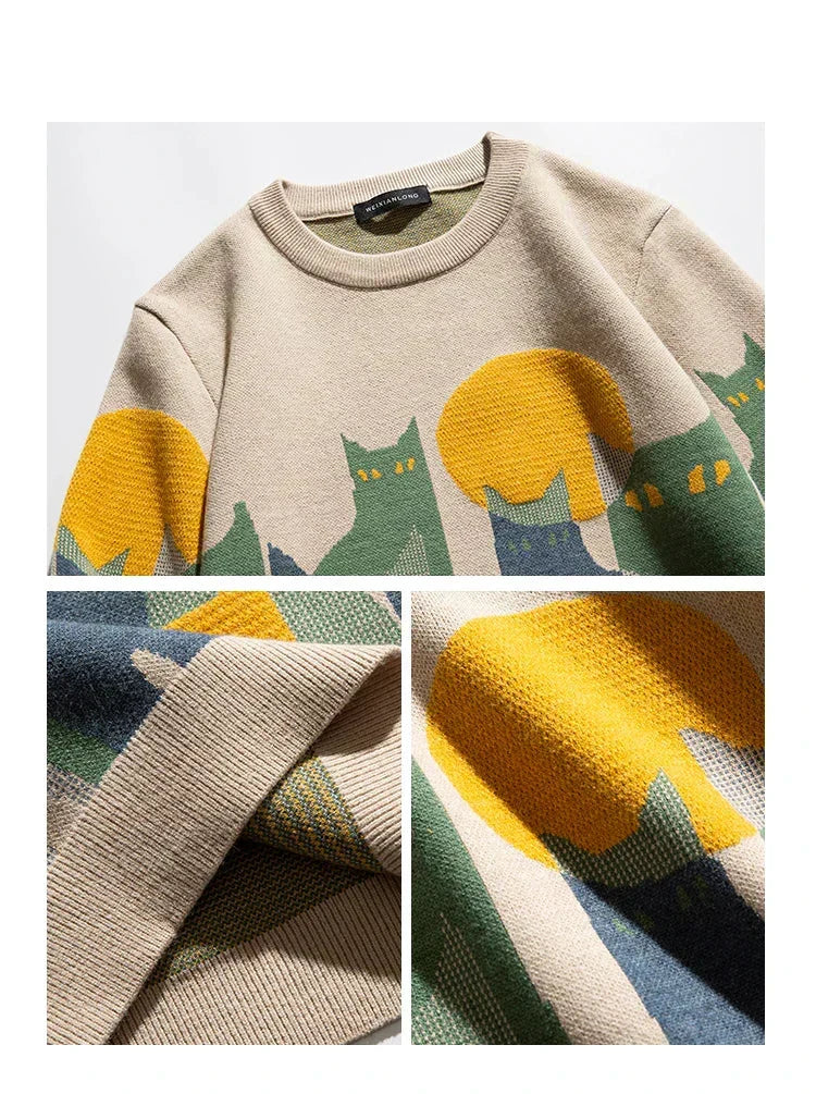 Cat Print Jumper Novelty Knit Round Neck Long Sleeve