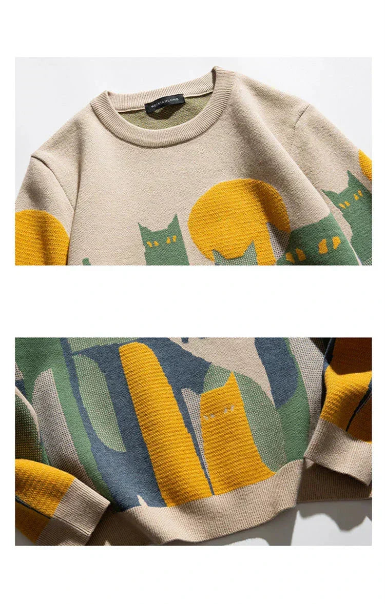 Cat Print Jumper Novelty Knit Round Neck Long Sleeve