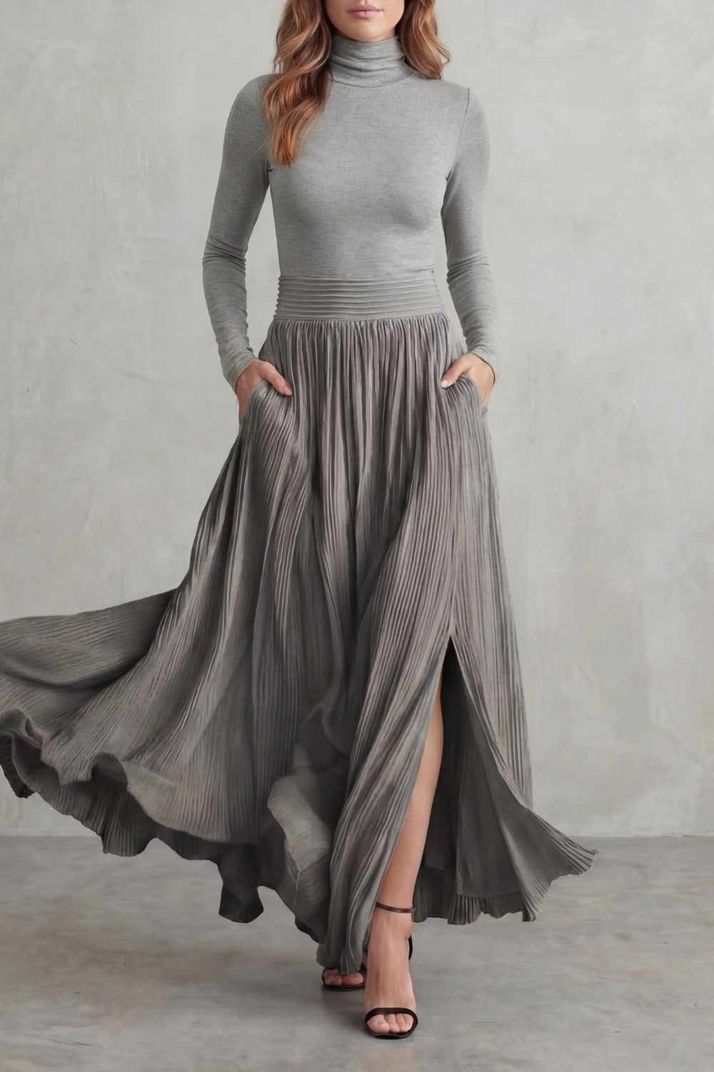 Pleated High Waist Two-Piece Turtleneck Set