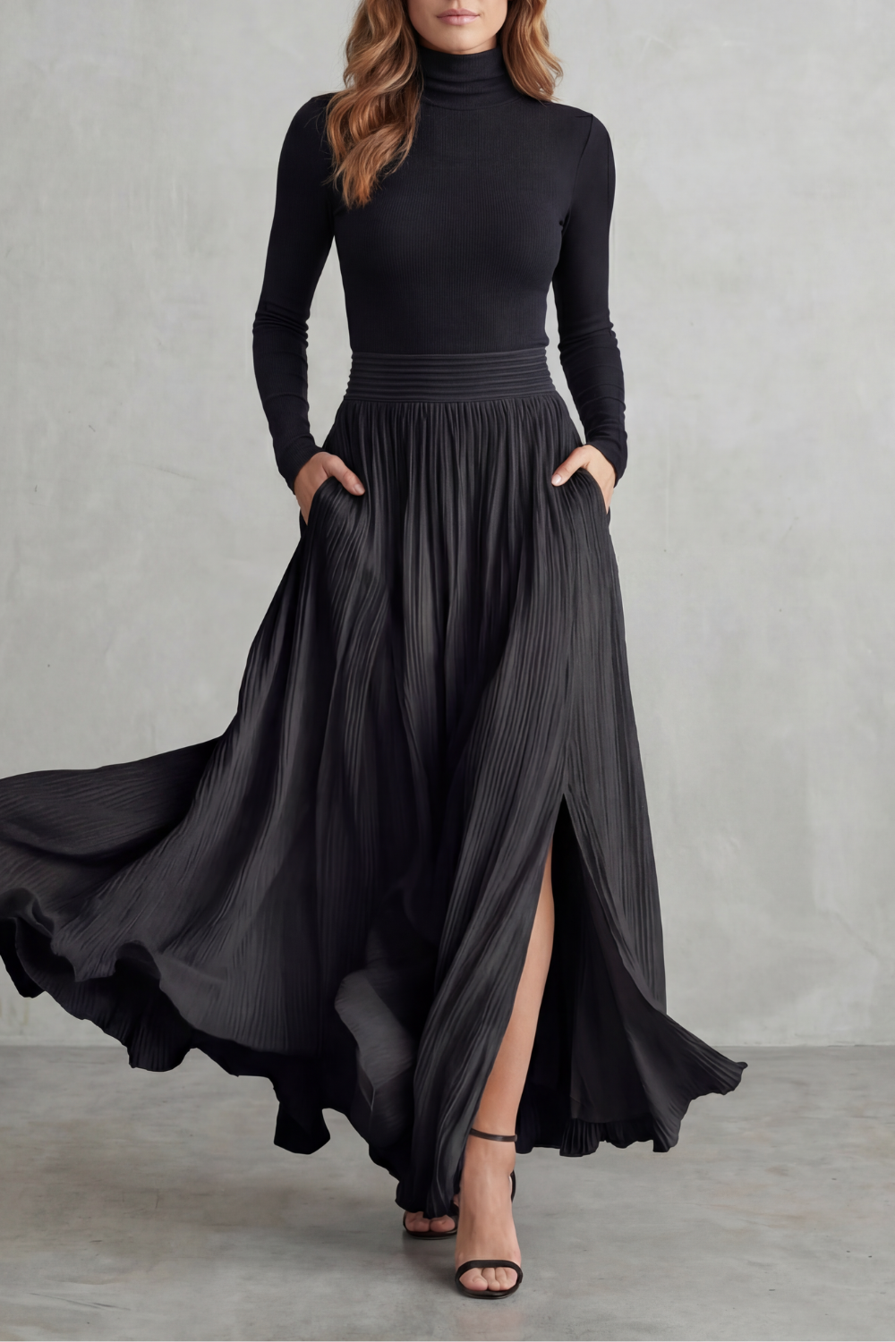Pleated High Waist Two-Piece Turtleneck Set