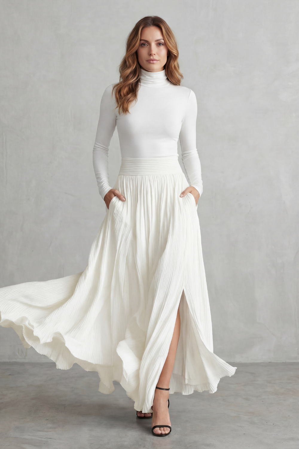 Pleated High Waist Two-Piece Turtleneck Set