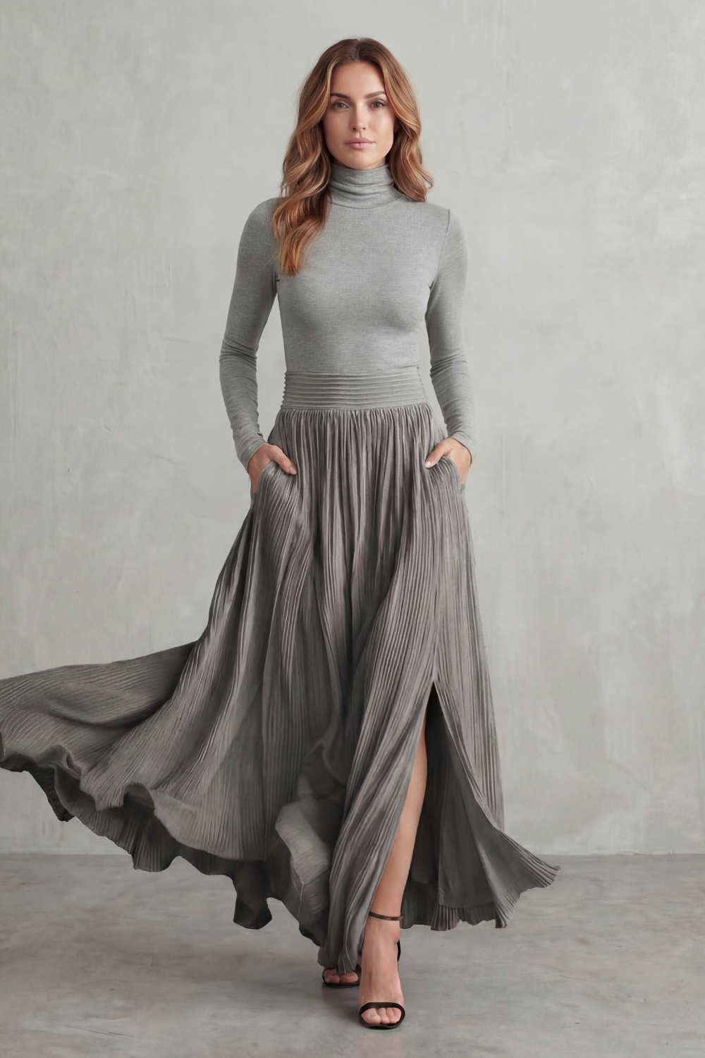Pleated High Waist Two-Piece Turtleneck Set