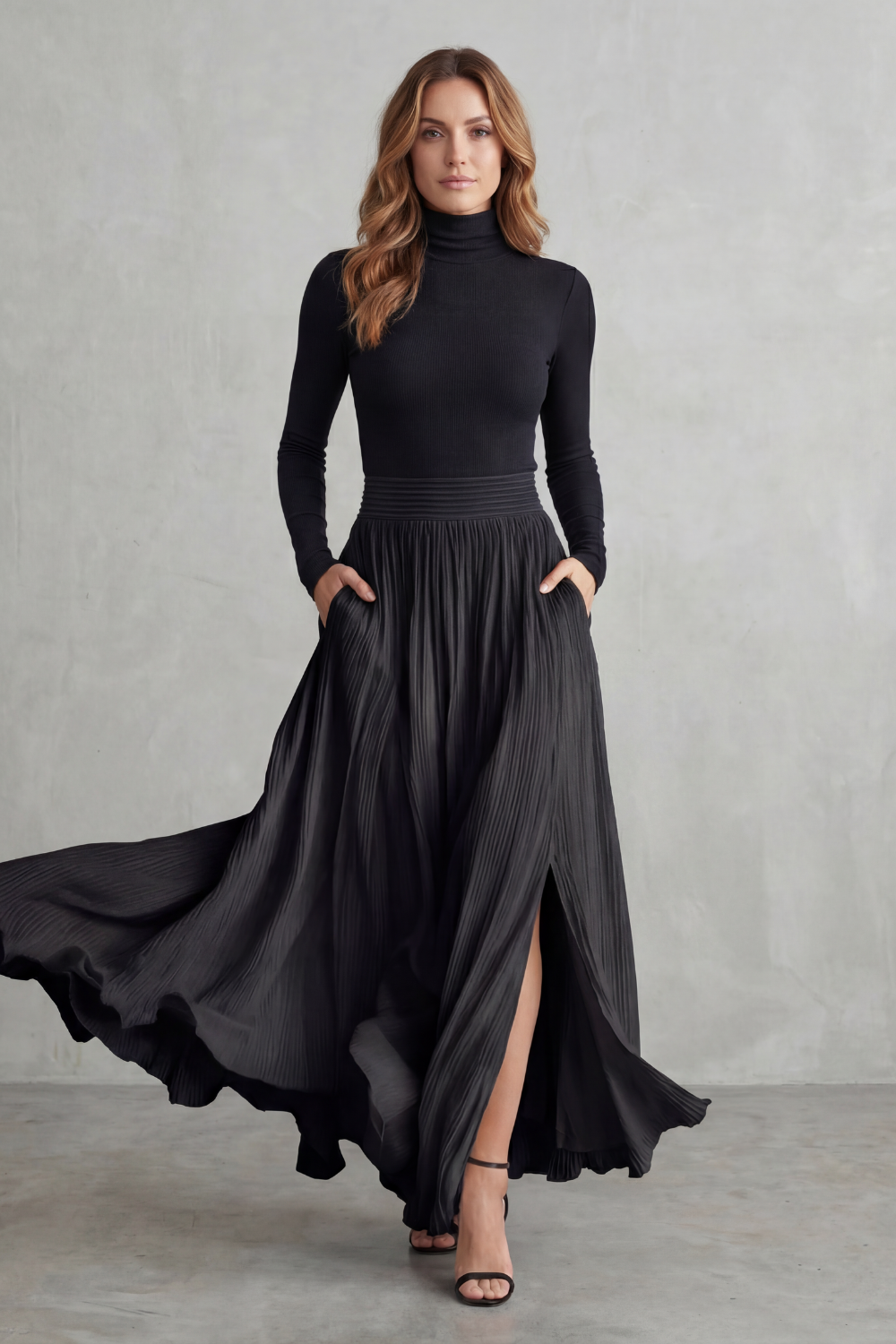 Pleated High Waist Two-Piece Turtleneck Set