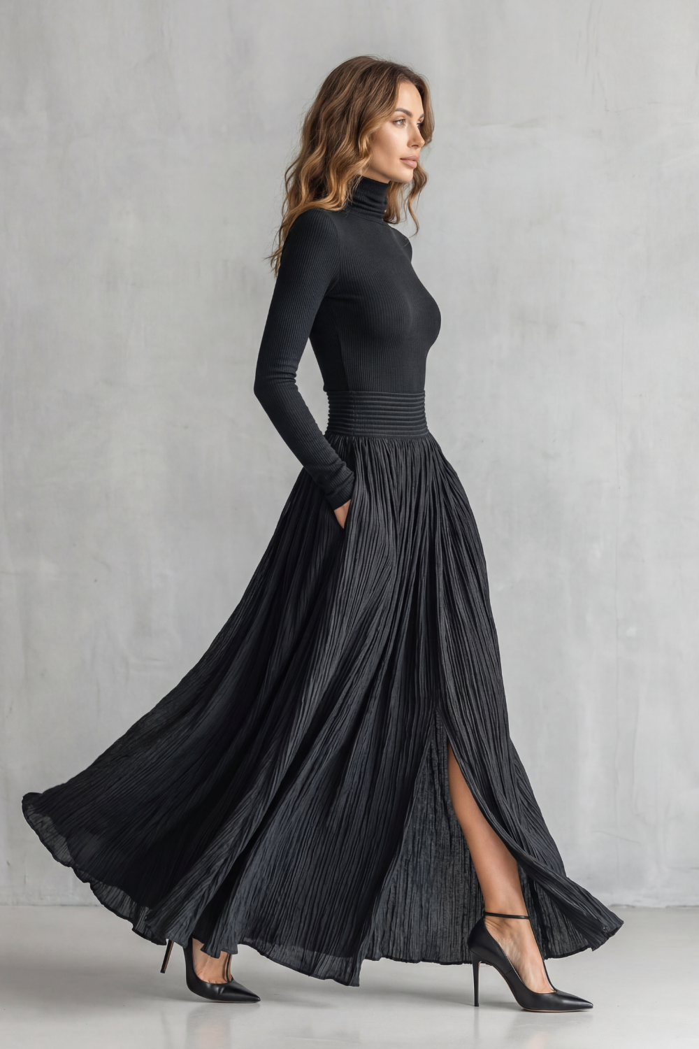 Pleated High Waist Two-Piece Turtleneck Set