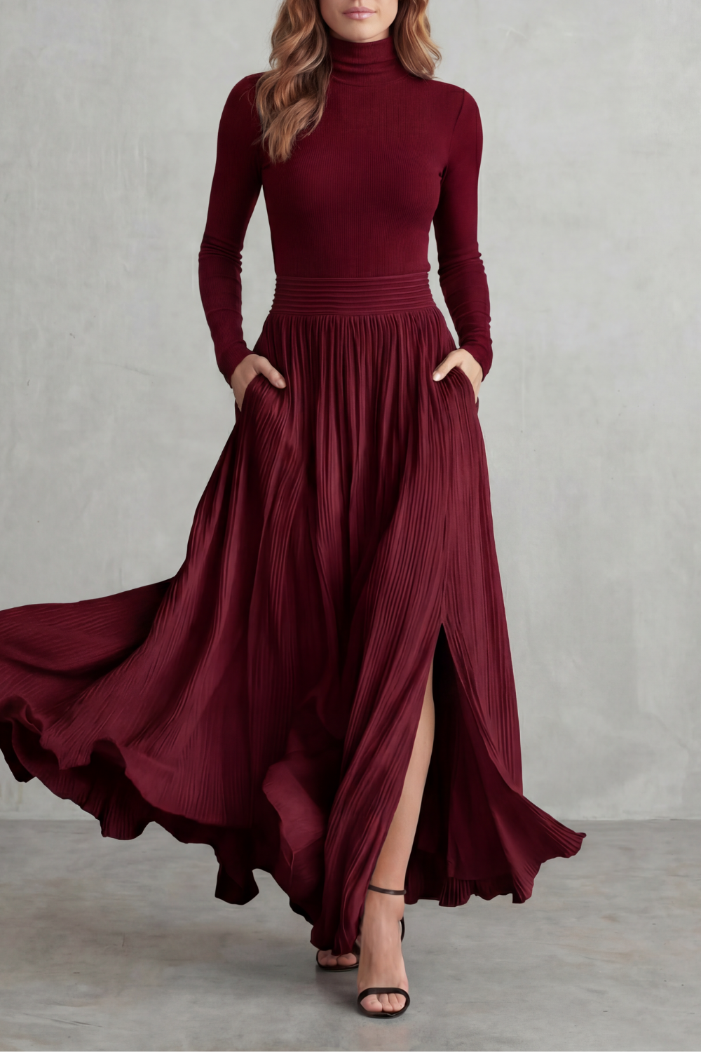 Pleated High Waist Two-Piece Turtleneck Set