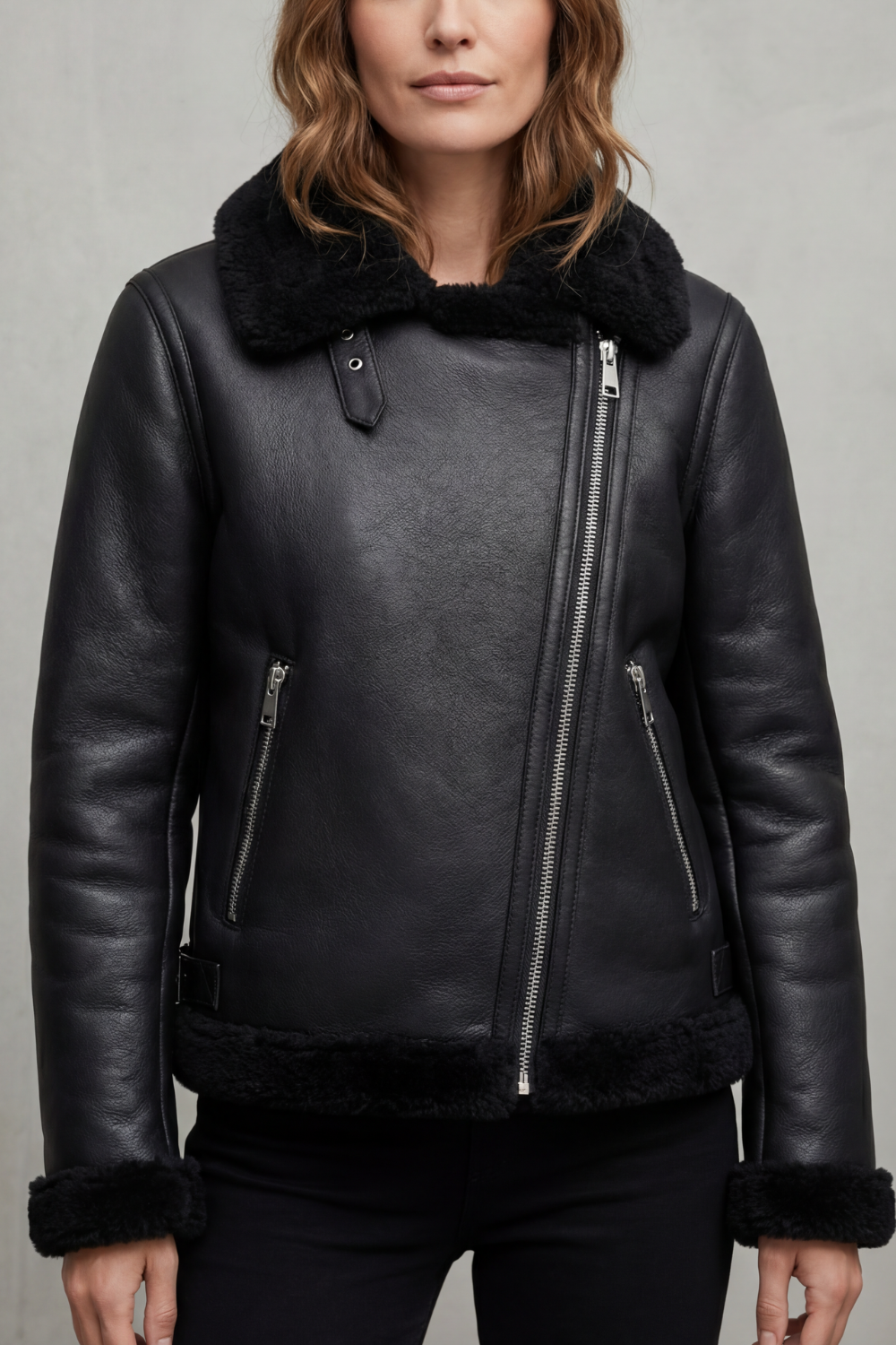 Zip Shearling Biker Jacket