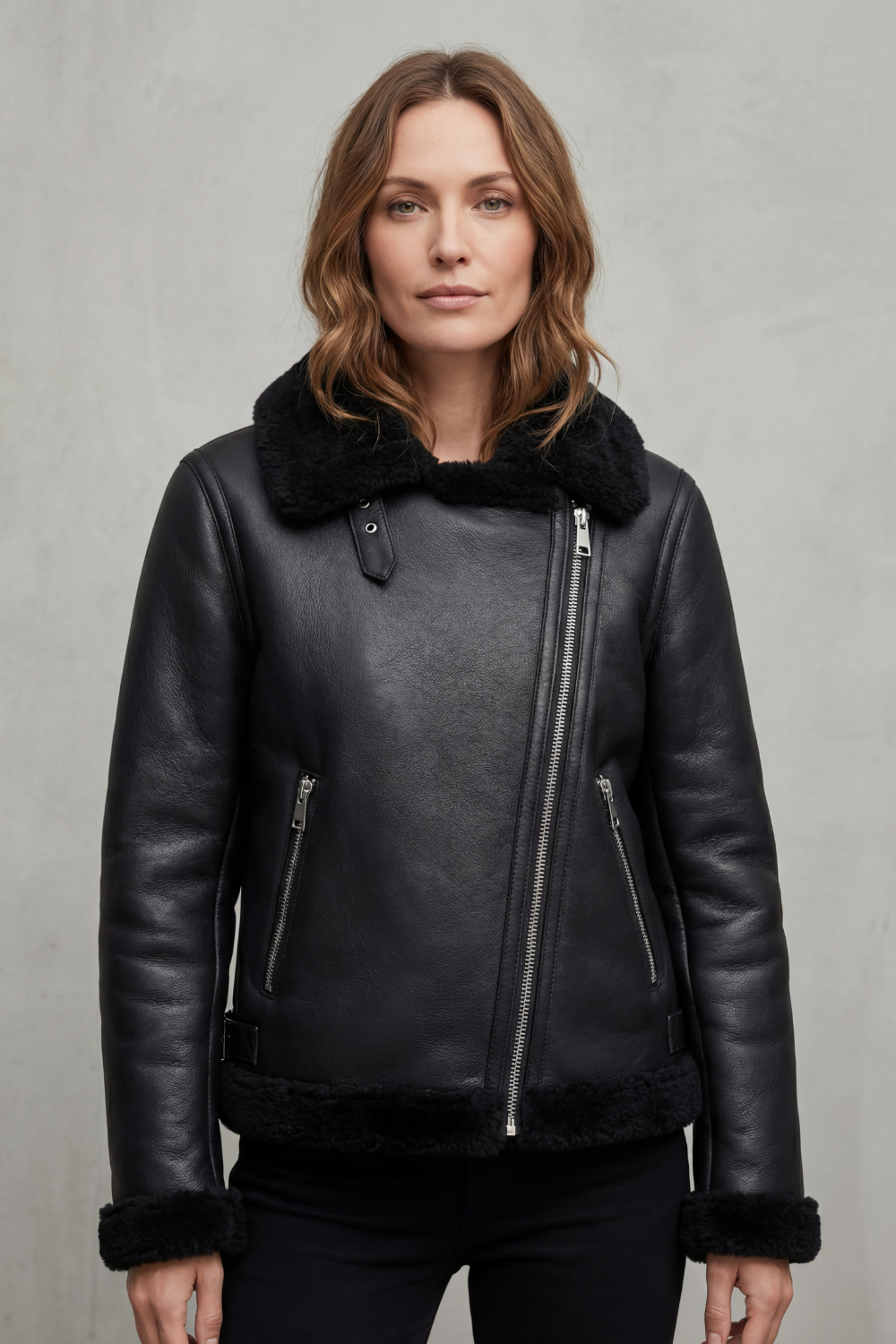 Zip Shearling Biker Jacket