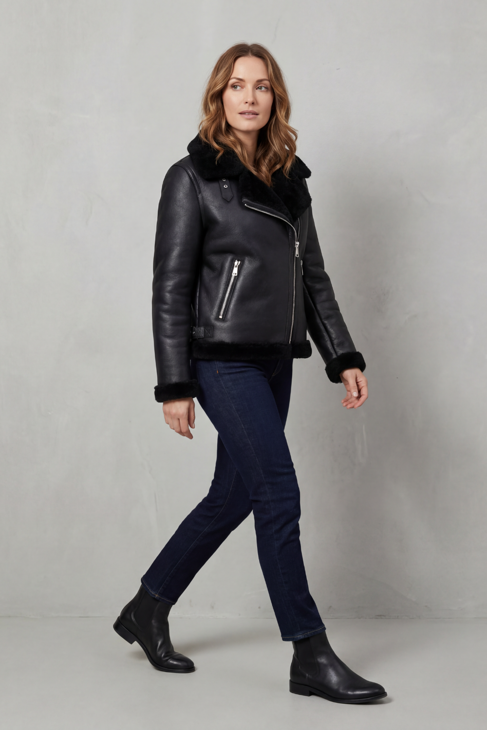 Zip Shearling Biker Jacket