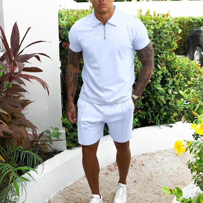 Mens Zip Polo Shorts Set Casual Summer Co-Ord