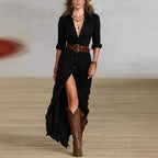 Elegant Shirt Dress Deep Slit Fitted Belt Midi