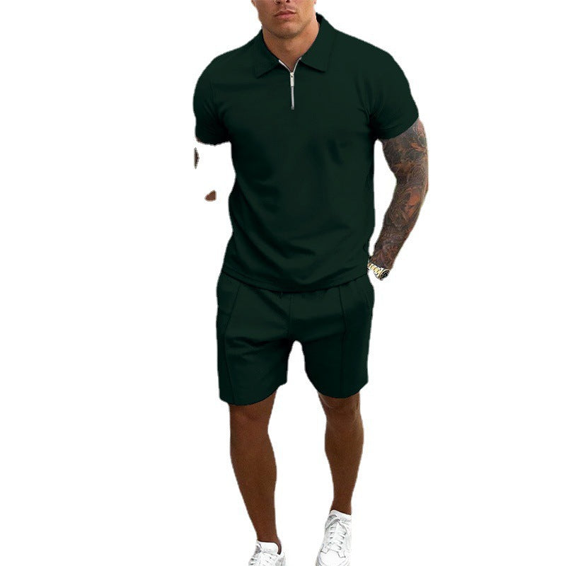Mens Zip Polo Shorts Set Casual Summer Co-Ord