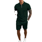 Mens Zip Polo Shorts Set Casual Summer Co-Ord