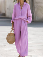 Linen Two-Piece Set Blouse Trousers Casual Summer