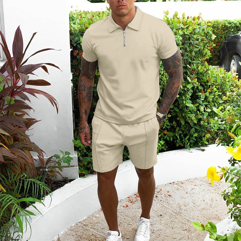 Mens Zip Polo Shorts Set Casual Summer Co-Ord