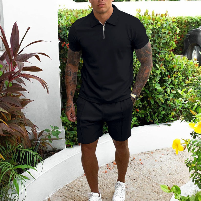 Mens Zip Polo Shorts Set Casual Summer Co-Ord