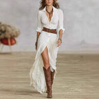 Elegant Shirt Dress Deep Slit Fitted Belt Midi