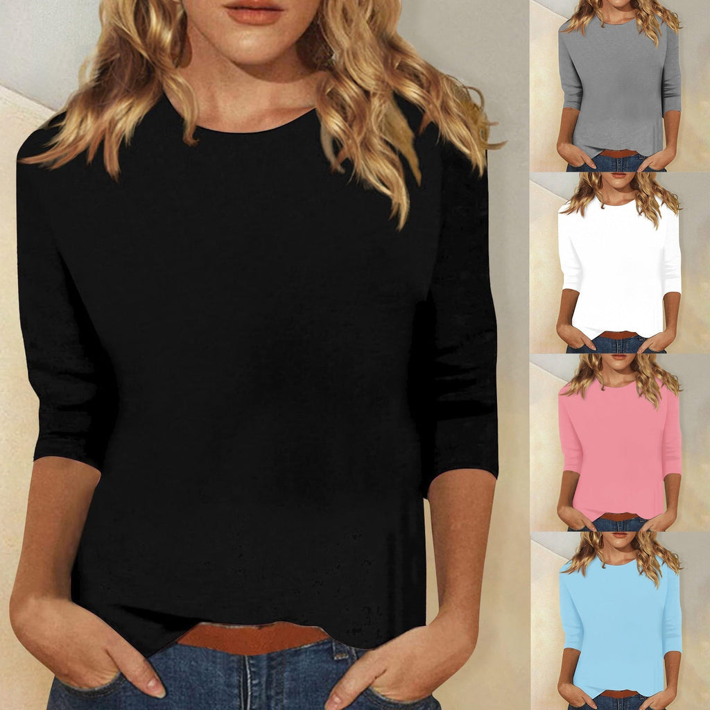 Three-Quarter Sleeve T-Shirt Round Neck Casual