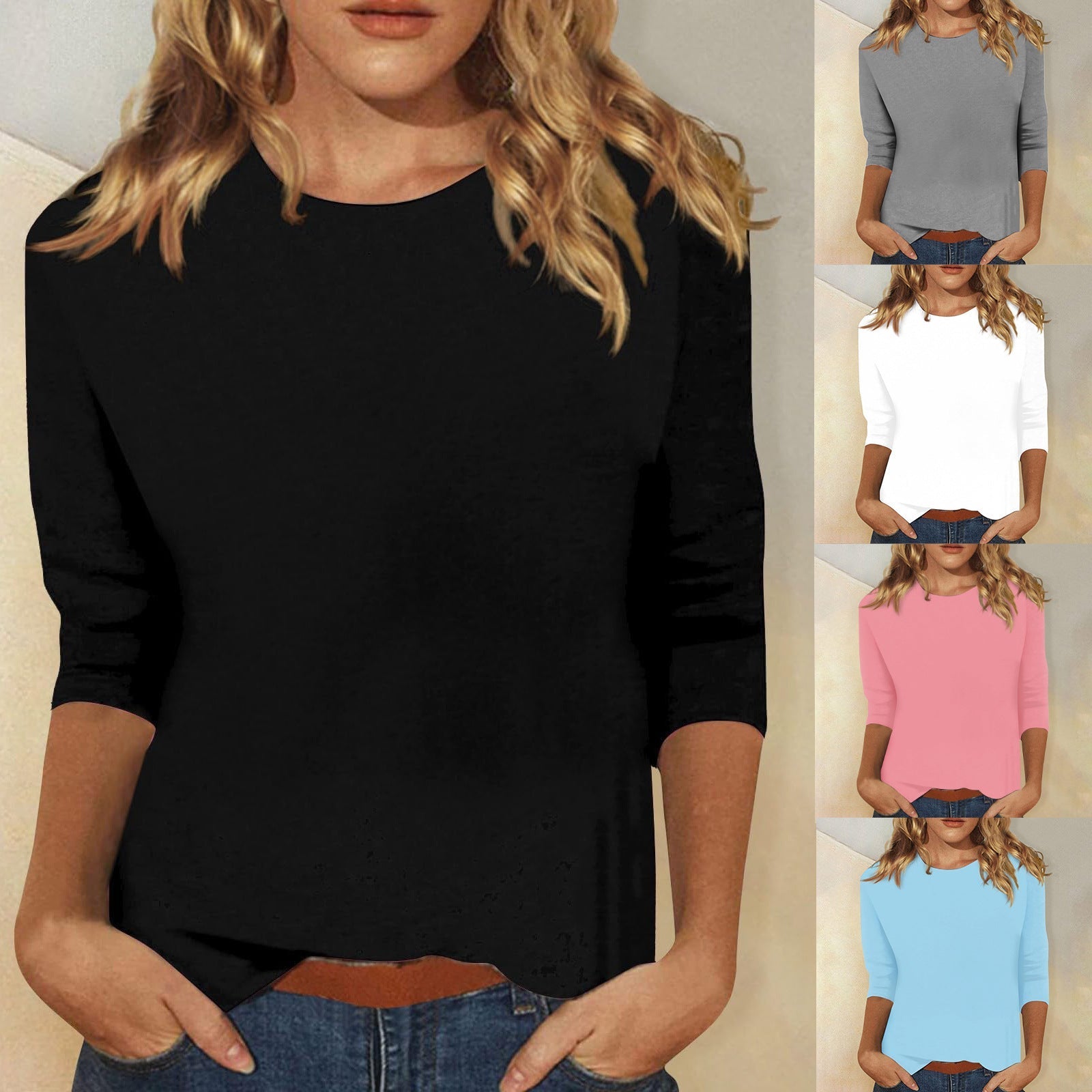 Three-Quarter Sleeve T-Shirt Round Neck Casual