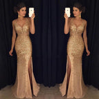 Sleeveless Sequin Evening Gown V-Neck Thigh Slit