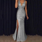 Sleeveless Sequin Evening Gown V-Neck Thigh Slit