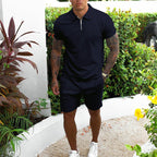 Mens Zip Polo Shorts Set Casual Summer Co-Ord