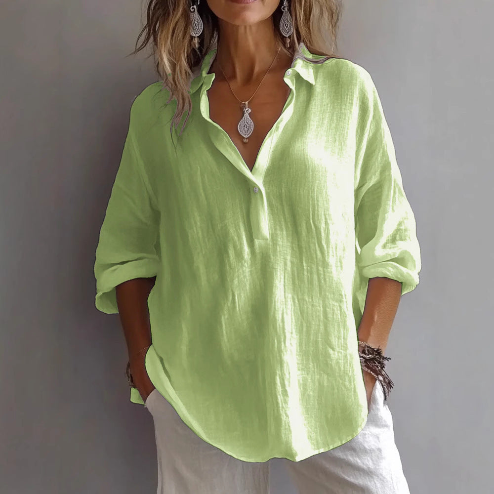 Linen Shirt Button Placket Wide Sleeve Casual