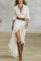 Elegant Shirt Dress Deep Slit Fitted Belt Midi