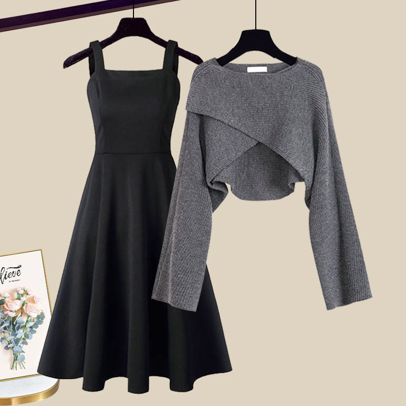 Two Piece Knit Dress Set A Line Dress Cropped Jumper