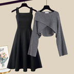 Two Piece Knit Dress Set A Line Dress Cropped Jumper