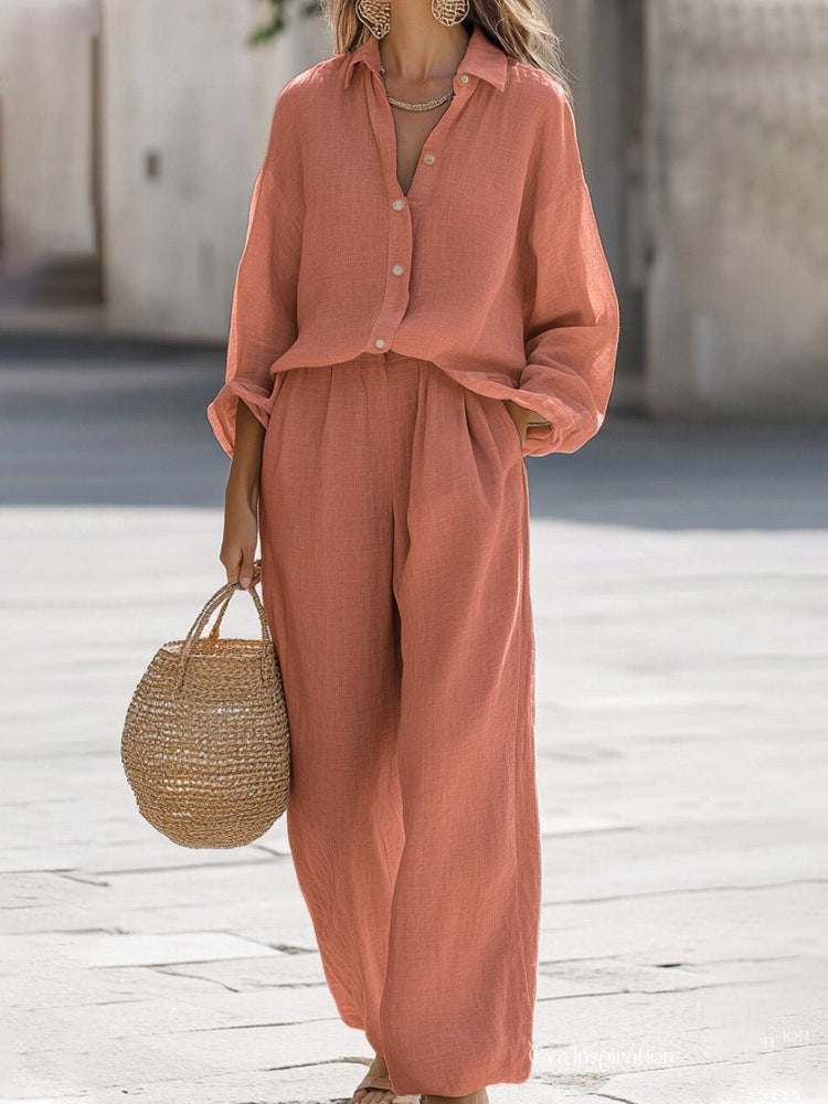 Linen Two-Piece Set Blouse Trousers Casual Summer