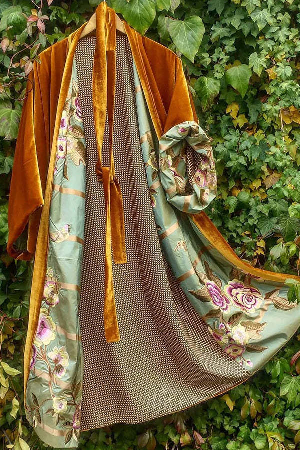 Satin Floral Cardigan Pyjama Set Waist Belt
