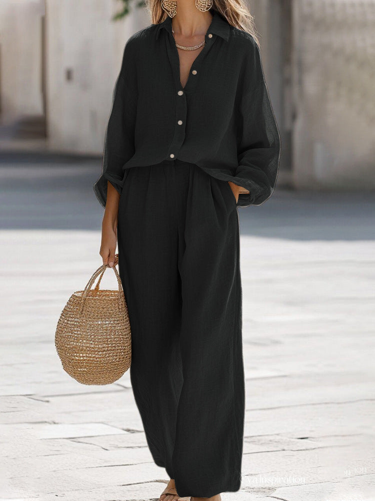 Linen Two-Piece Set Blouse Trousers Casual Summer