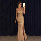 Sleeveless Sequin Evening Gown V-Neck Thigh Slit