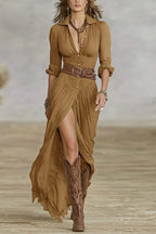 Elegant Shirt Dress Deep Slit Fitted Belt Midi