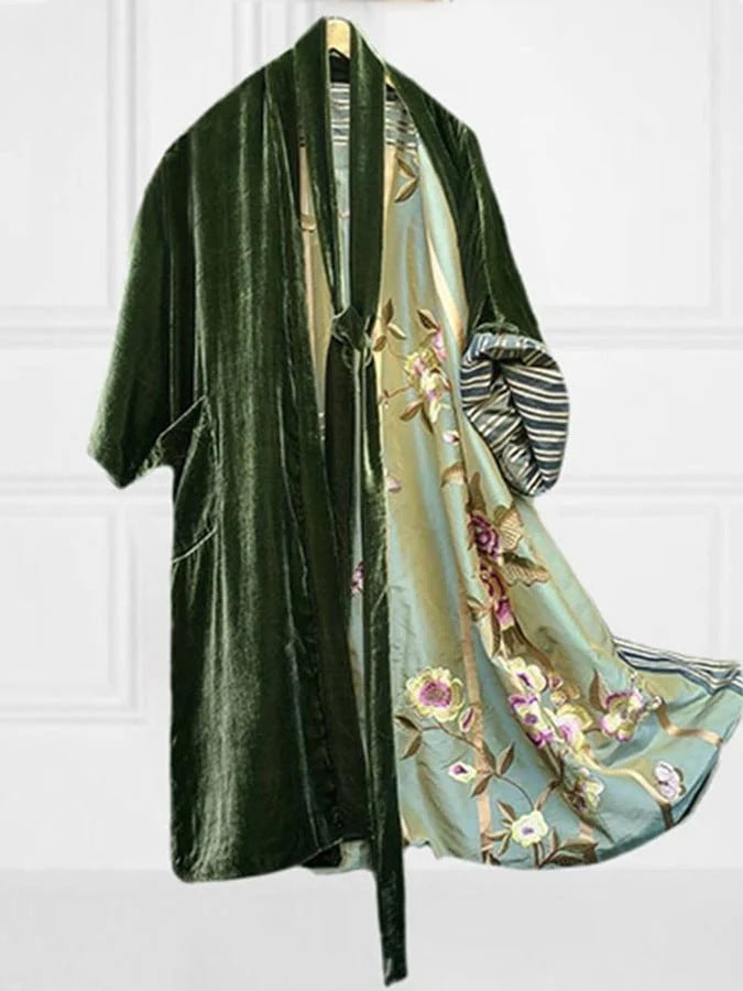 Satin Floral Cardigan Pyjama Set Waist Belt