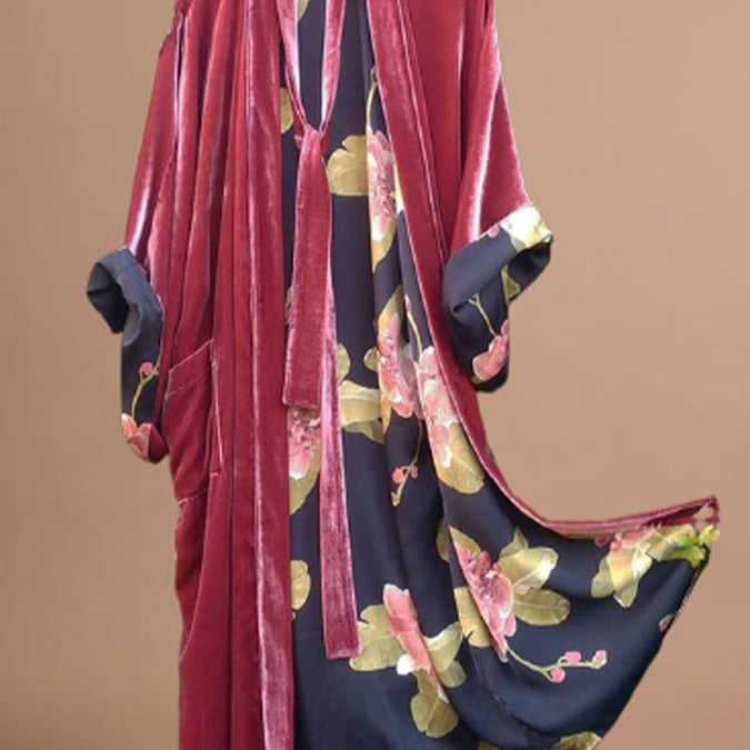 Satin Floral Cardigan Pyjama Set Waist Belt
