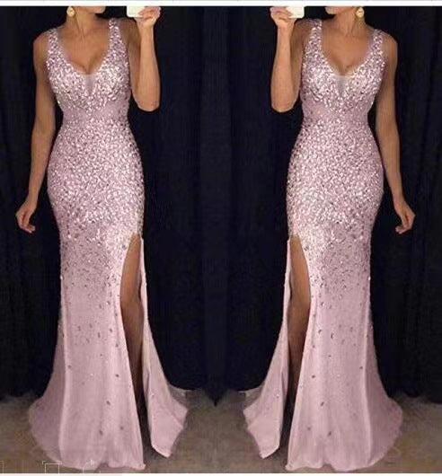 Sleeveless Sequin Evening Gown V-Neck Thigh Slit