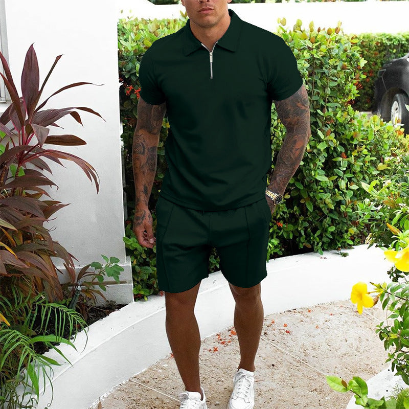 Mens Zip Polo Shorts Set Casual Summer Co-Ord