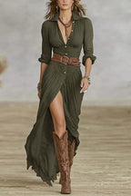 Elegant Shirt Dress Deep Slit Fitted Belt Midi