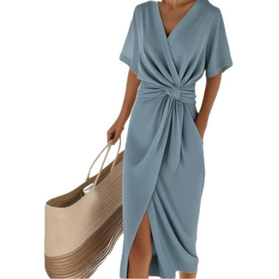 Elegant Wrap Dress Draped Side Slit Summer Occasion