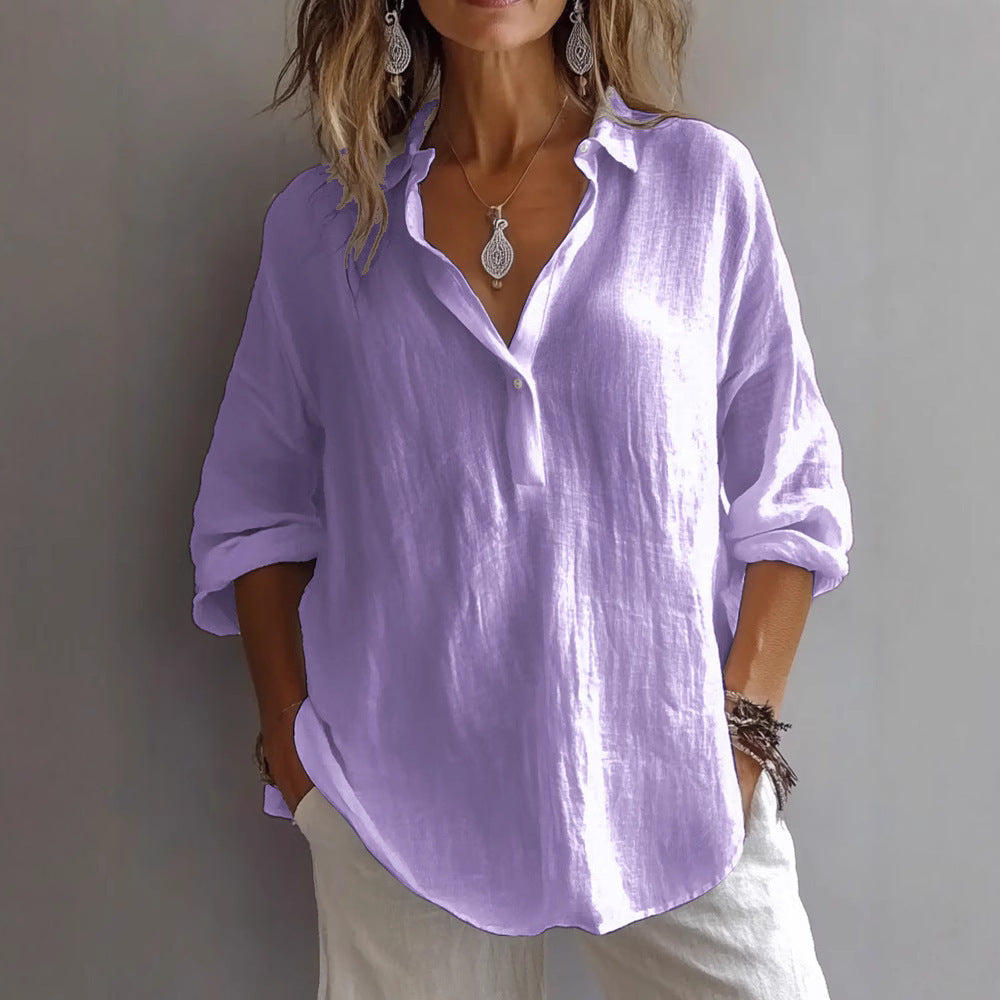 Linen Shirt Button Placket Wide Sleeve Casual