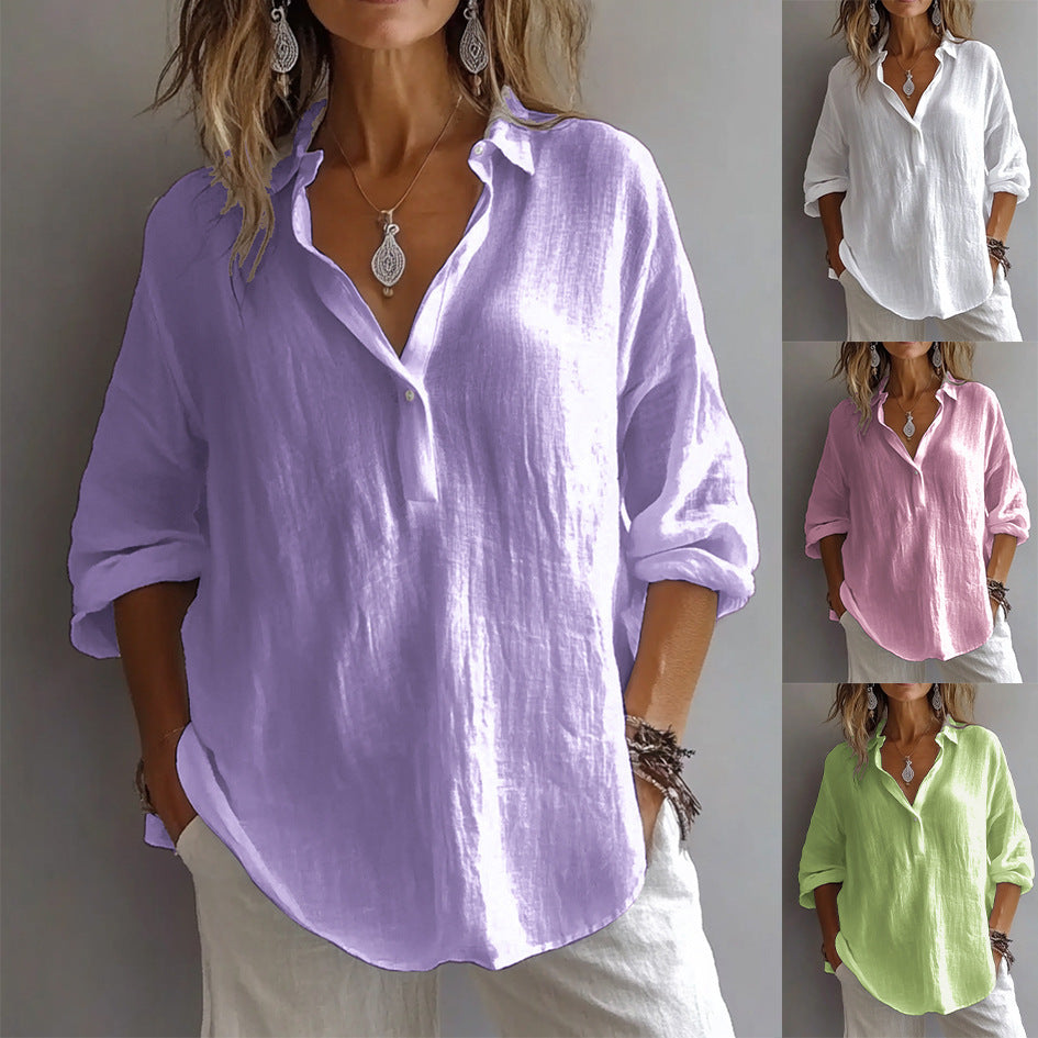 Linen Shirt Button Placket Wide Sleeve Casual
