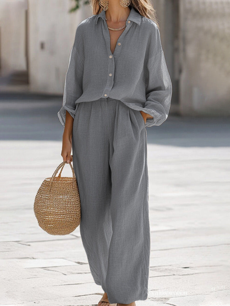 Linen Two-Piece Set Blouse Trousers Casual Summer