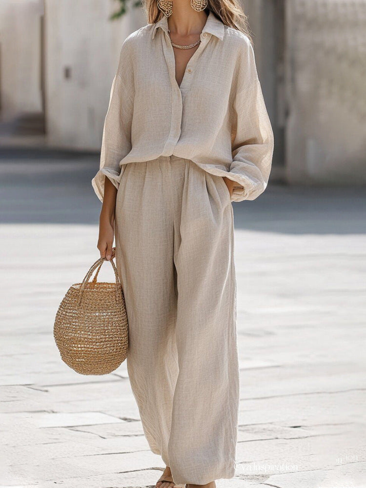 Linen Two-Piece Set Blouse Trousers Casual Summer