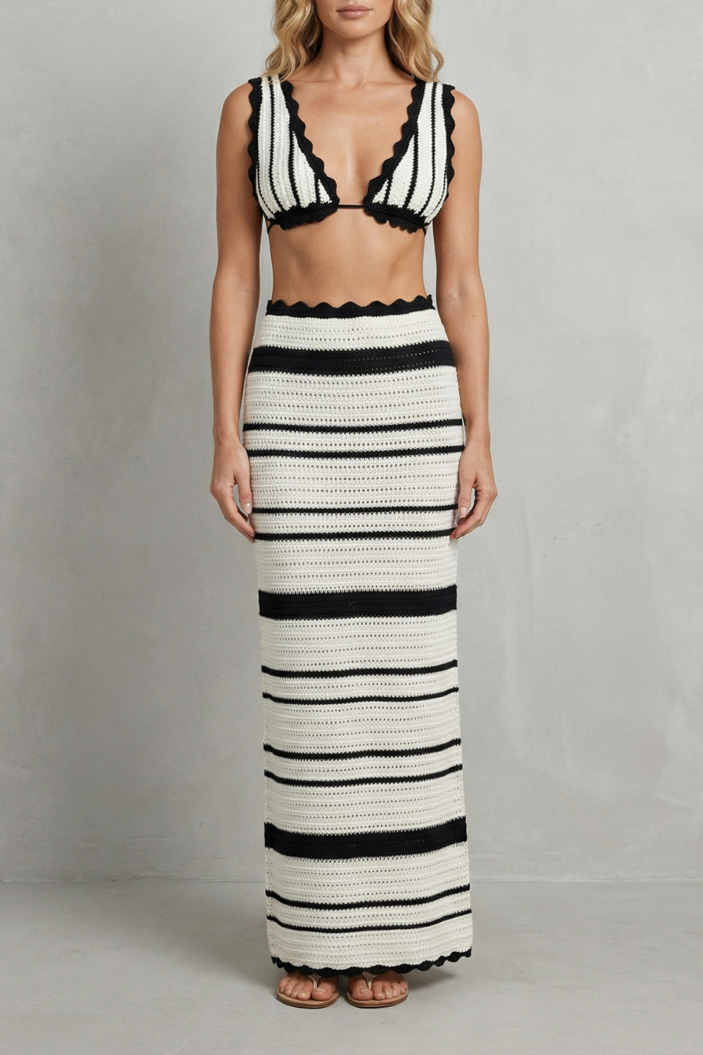 Striped Knit Women’s Open Sleeveless Crochet Set