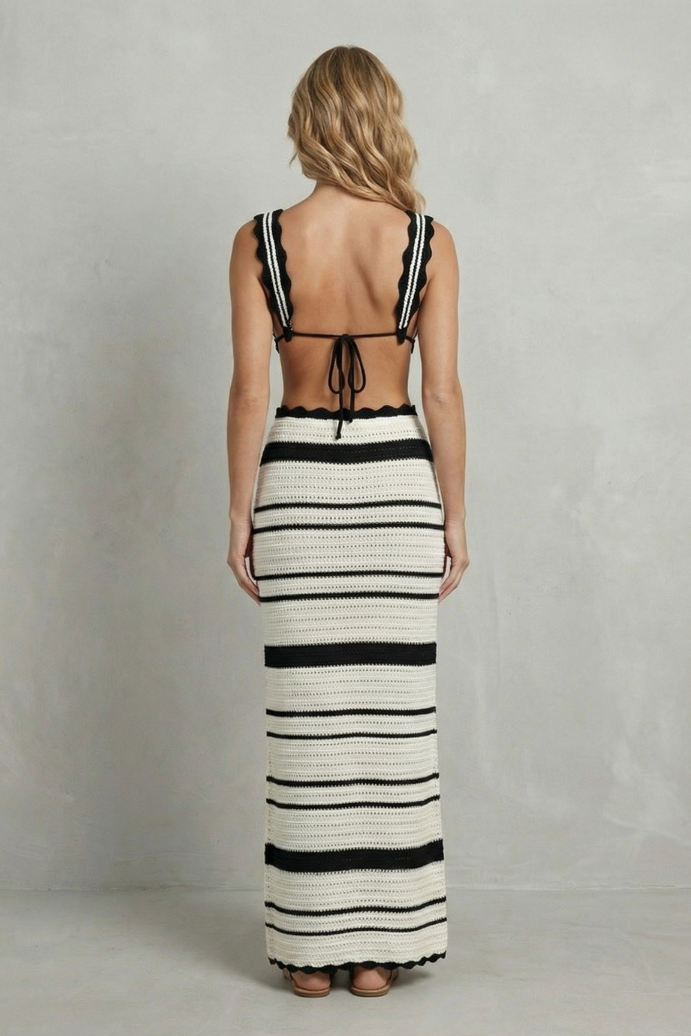 Striped Knit Women’s Open Sleeveless Crochet Set