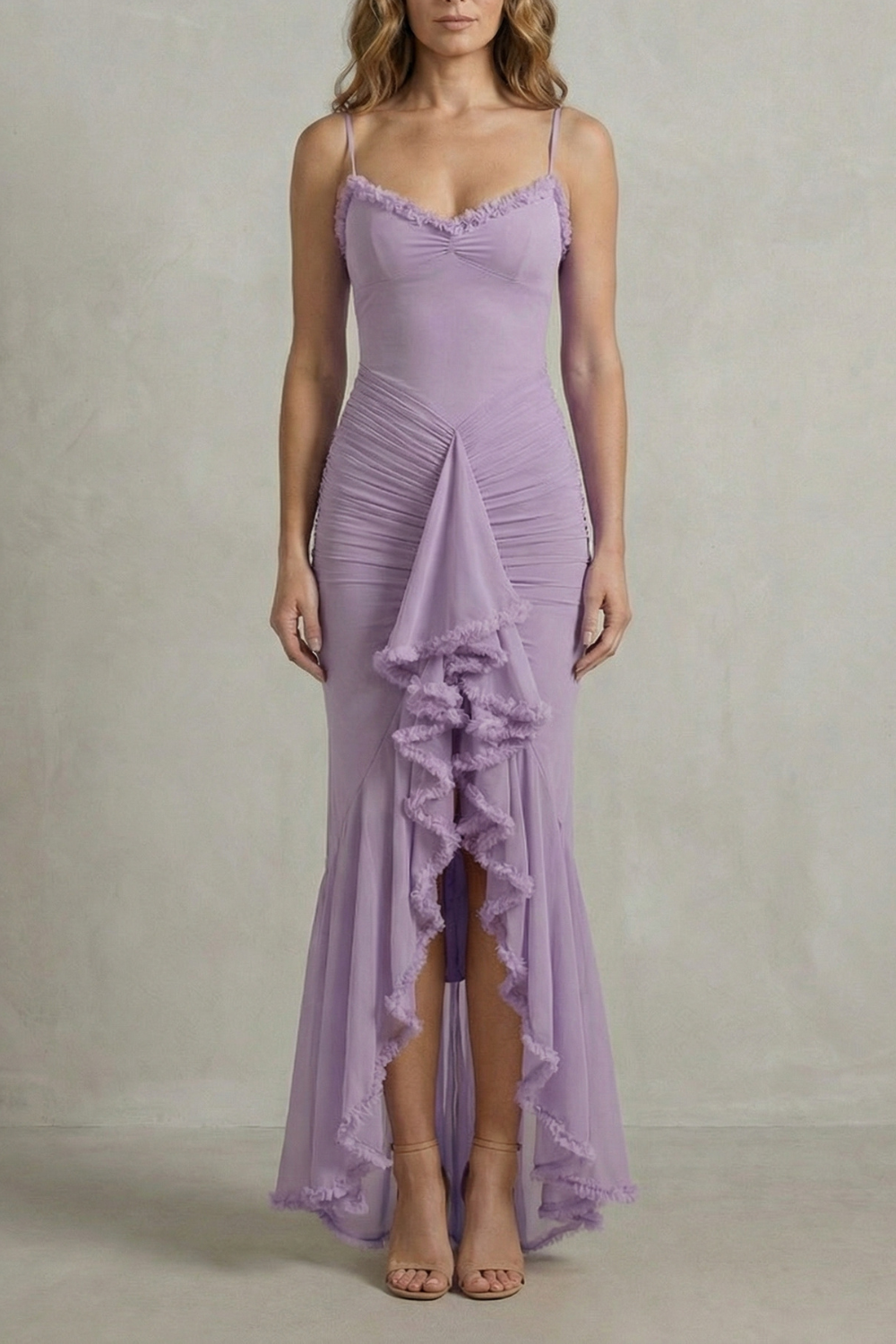 Sweetheart Neckline Ruffle Sleeveless High Low Maxi Dress